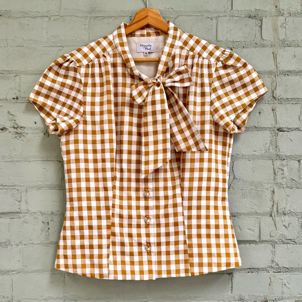 Gingham Short Sleeve Button Down Blouse with Bow Tie Collar